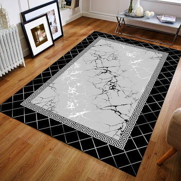 Black White Marble Area Rug for Living Room Bedroom, Irregular Border Soft Washable Carpet, Indoor Decorative Rug with Non-Slip Backing 12"x20"