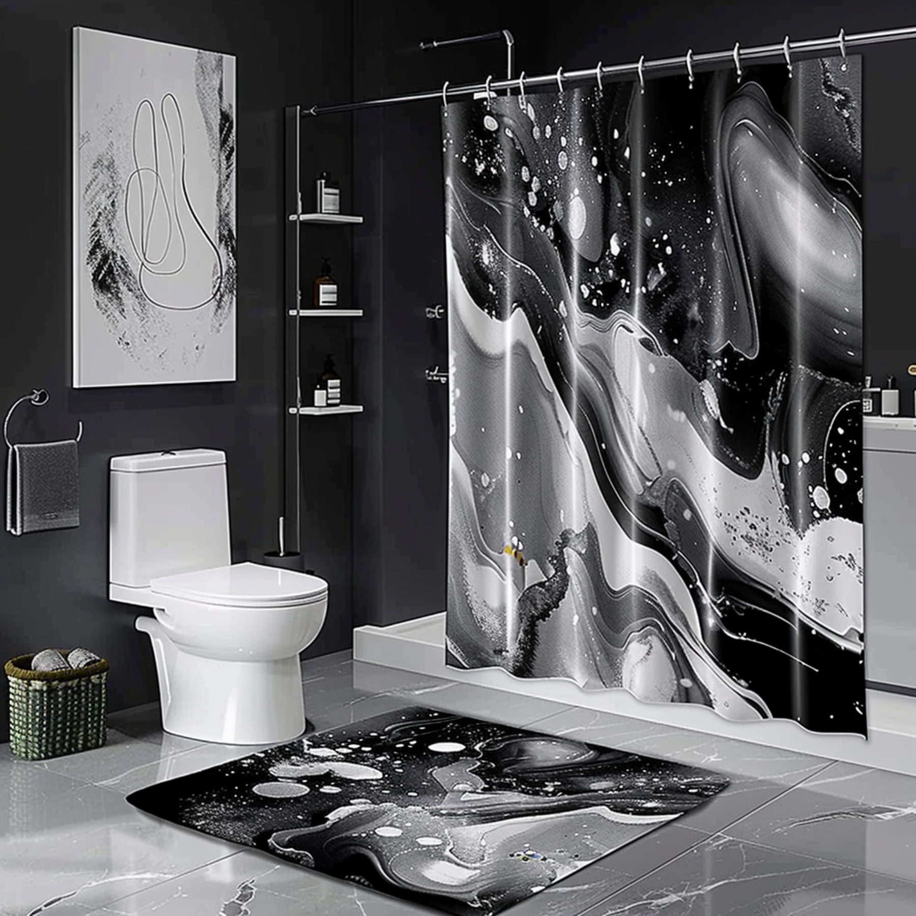 Black White Marble Bathroom Set with Universe Art Shower Curtain Stars ...