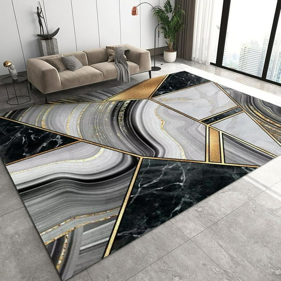 Black and White Marble Bedroom Rug, Gilded Geometric Lines Abstract Living Room Carpet, Non-Slip Rug Easy to Clean Fine Fluff Apply to Study Room Children's Room 3x4ft