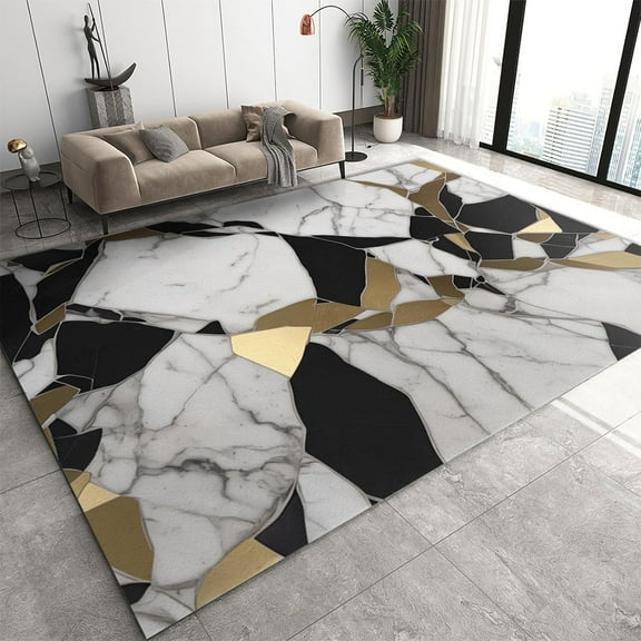 Black White Marble Cracks Area Rug, Abstract Geometric Agate Texture Large Rugs, with Non-Slip Rubber Backing Washable Carpet for Living Room Bedroom Dining Room 3' x 4'