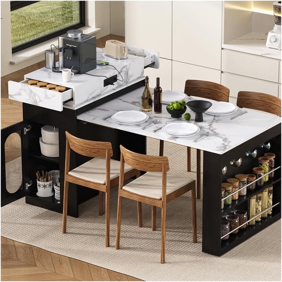 Black and White Marble Extendable Kitchen Island Table with Folding Top, Built-in Power Outlet, Storage Drawers, and Wheels for Flexible Dining Room and Kitchen Space