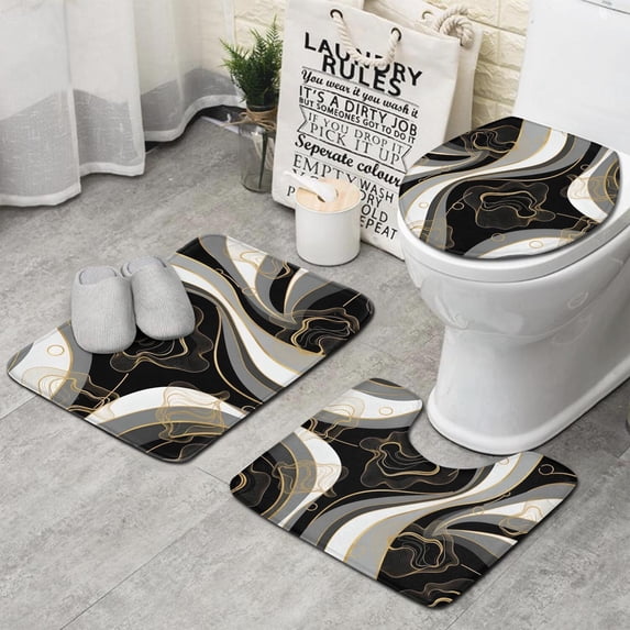 Black White Marble Gold Line Pattern Bathroom Rugs Sets 3 Piece,Toilet Cover Set,Absorbent Non Slip Bathroom Mats Sets with U-Shaped Contour Rug Toilet Rug Set