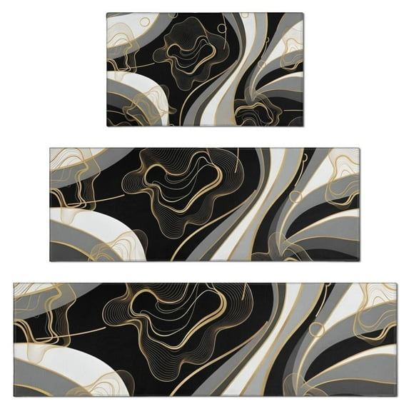 Black White Marble Gold Line Pattern Kitchen Rugs Sets Of 3,Kitchen Runner Rugs Non Skid Washable,Decorative Kitchen Floor Mats for Kitchen,Sink,Laundry,17"x30"+ 17"x47" + 17"x59"