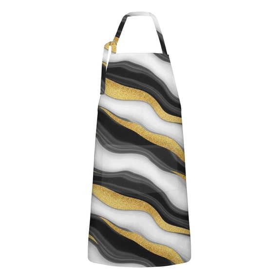 Black White Marble Gold Wave Pattern Apron-Garden Aprons for Women with Pockets-Cotton Linen Waterproof Kitchen Cooking Gardening Aprons Adjustable for Kitchen,Cooking,BBQ and Salon 33x27 Inch