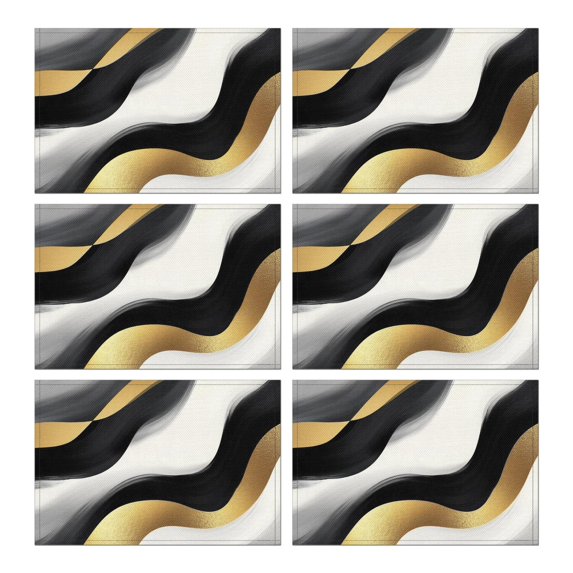 Black White Marble Gold Wave Pattern Summer Placemats Table Placemats Set Of 6-Linen Kitchen Washable Placemats Table Mats 11.8"x17.7" Non-Slip Heat Resistant