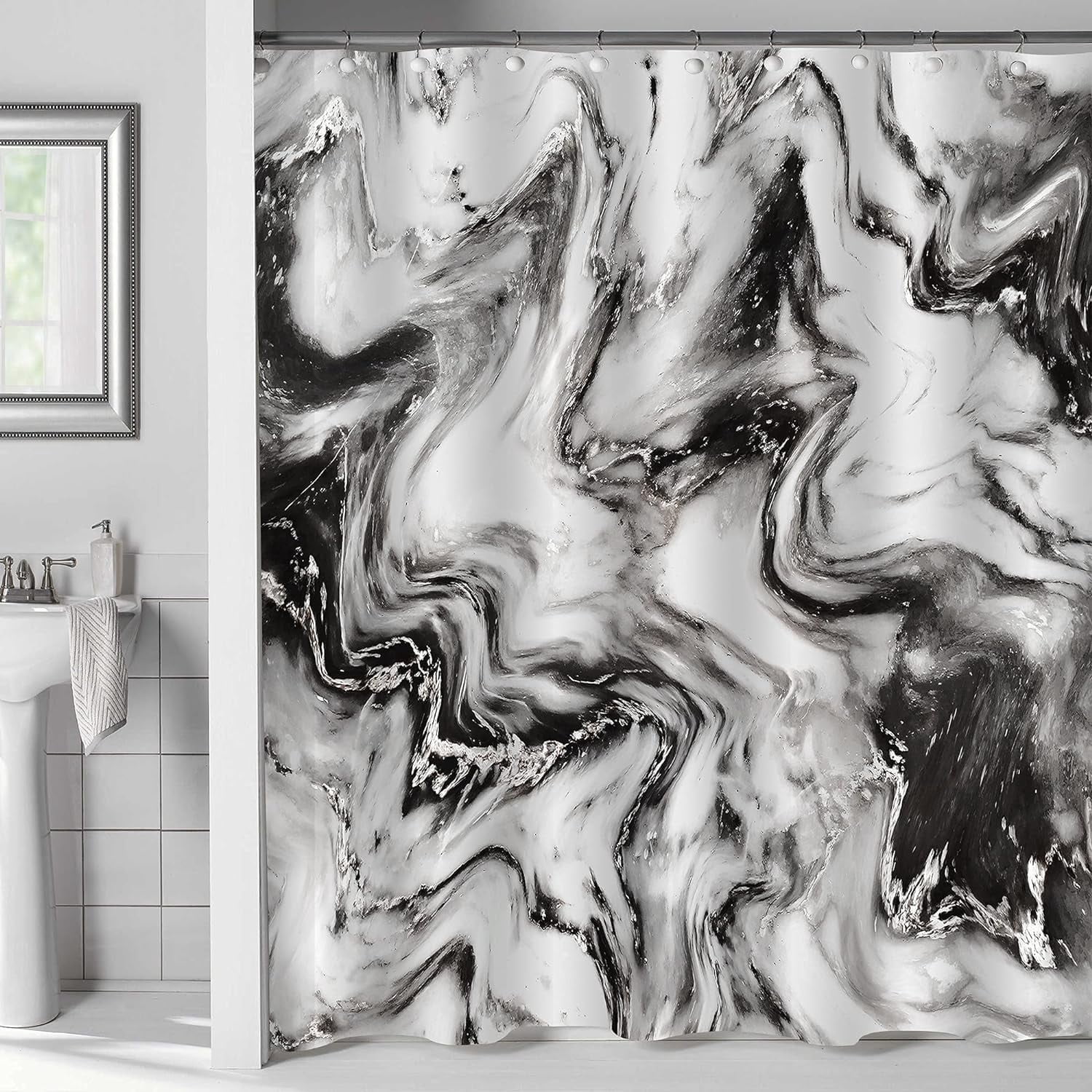 Black White Marble Shower Curtain Set, Abstract Modern Shower Curtain for Bathroom Decor, Luxury Standard Shower Curtain for Bathtub, Waterproof Washable Fabric Shower Curtain, 72 x 72