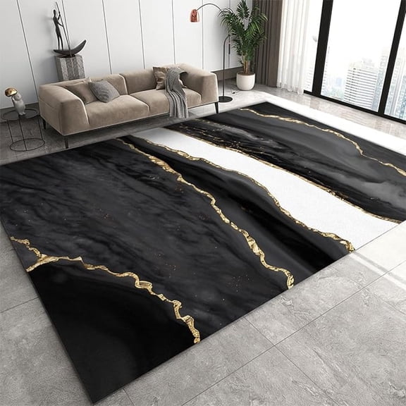 Black And White Marble Stripes Area Rug, Luxury Gold Agate Texture Large Carpet, With Non-Slip Rubber Backing Washable Rugs For Living Room Bedroom Dinning Room 2x3ft