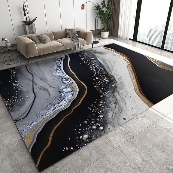Black and White Marble Texture Area Rug, Luxury Black Gold Agate Fluid Large Rugs, with Anti-Slip Backing Washable Indoor Carpet for Living Room Bedroom Study Dining Room 5 x 8ft