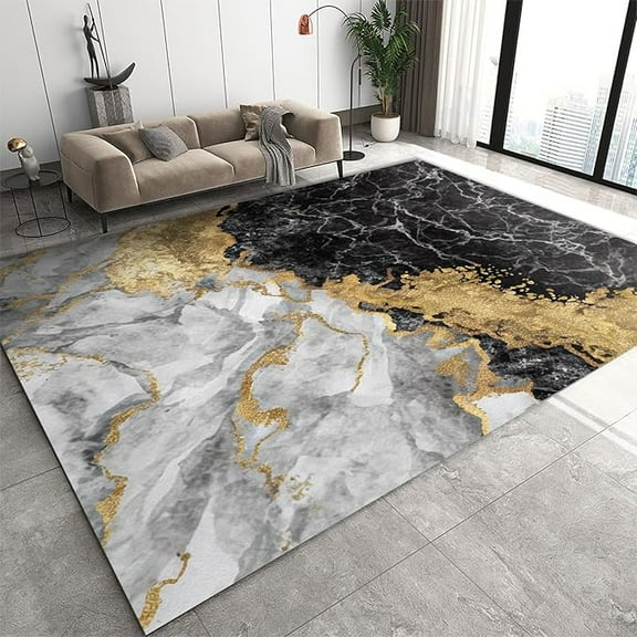 Black And White Marble Texture Area Rug, Modern Fluid Gold Foil Agate Crack Indoor Non-Slip Rugs, Machine Washable Breathable Easy Care Carpet For Front Entrance Floor Decor 5 x 6ft