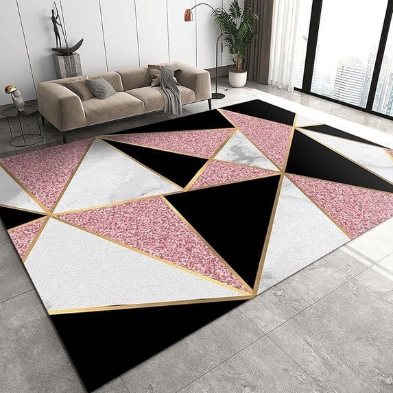 Black And White Marble Texture Area Rug, Pink Irregular Geometry Washable Carpet, Large Non-Slip Decorative Rugs For Living Room Bedroom Dining Room Office 5 x 8ft