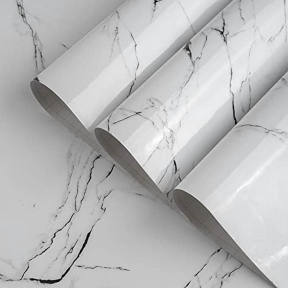 Black and White Marble Wallpaper Glossy Thicken 16x708in Granite Look Waterproof Wall Paper Rolls Peel Stick Countertop Contact Paper DIY Adhesive Furniture Stickers Kitchen Table Vinyl Wrap