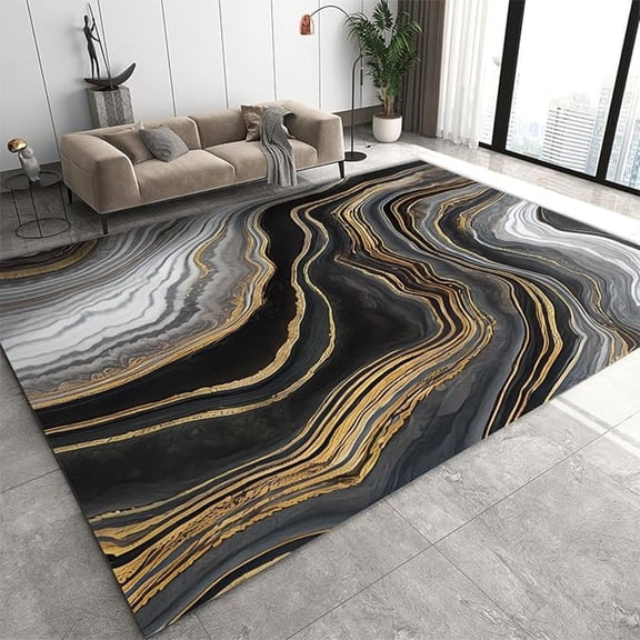 Black And White Marble Water Area Rug, Luxury Golden Agate Texture Indoor Carpet, With Non-Slip Rubber Backing Washable Rugs For Living Room Dining Room 1x2ft