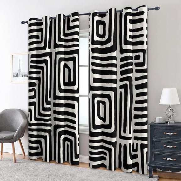 Black and White Maze Blackout Curtains for Bedroom Decor, Abstract Geometry Lines Patterned Thermal Insulated Grommet Window Drapes, Black and White Maze Living Room Decor 42"W x 96"L (Pack of 2)