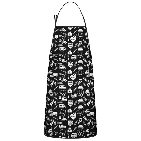 Black White Medical Symbol Pattern Apron-Garden Aprons for Women with Pockets-Cotton Linen Waterproof Kitchen Cooking Gardening Aprons Adjustable for Kitchen,Cooking,BBQ and Salon 33x27 Inch