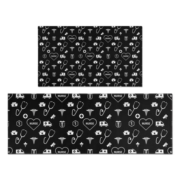 Black White Medical Symbol Pattern Kitchen Rugs Sets Of 2,Anti Fatigue Kitchen Mat Rugs Non Slip Washable,Decorative Kitchen Floor Mats for Kitchen,Sink,Laundry,17"x30"+17"x47"