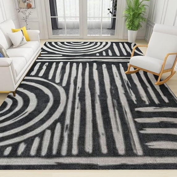 Black And White Medieval Lines Area Rug, Bohemian Ink Stripes Farmhouse Rug, With Anti-Slip Backing Washable Indoor Carpet For Living Room Bedroom Study Dining Room 3x4ft