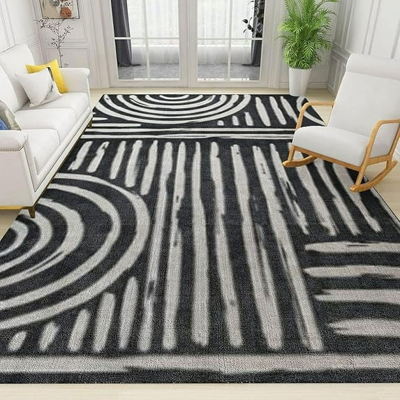 Black And White Medieval Lines Area Rug, Bohemian Ink Stripes Farmhouse Rug, With Anti-Slip Backing Washable Indoor Carpet For Living Room Bedroom Study Dining Room 3 x 5ft
