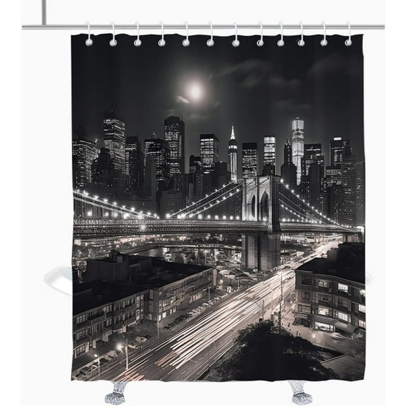 Black and White Mens Shower Curtain for Men 3D Designer New York City Night Scene Urban Life Brooklyn Manhattan Bath Curtains Decor Grommet with 12Hooks 72" W  72" H