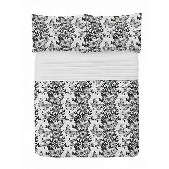 Black and White Microfiber Bedspread Set, Starry Night Drifter Butterfly Silhouettes Monochrome Sketch Style Fauna, Soft Bedding Set with Pillow Shams & Comforter, 3 Sizes, Black White, by Ambesonne
