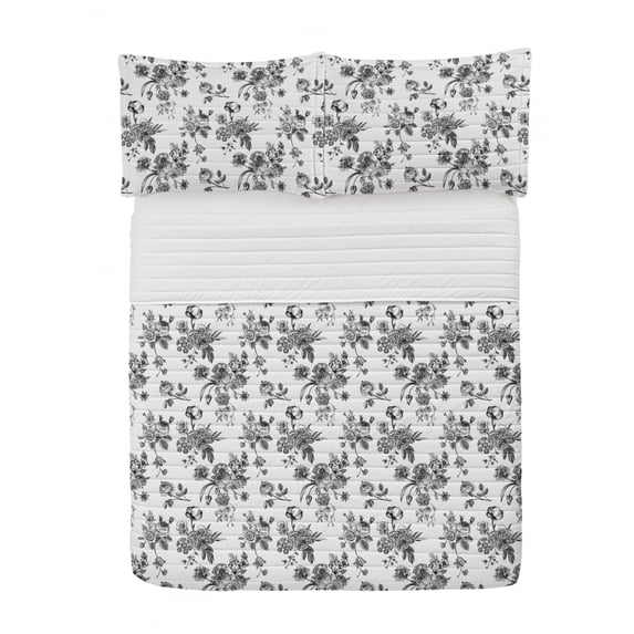 Black and White Microfiber Bedspread Set, Vintage Floral Pattern Victorian Classic Royal Inspired New Modern Art, Soft Bedding Set with Pillow Shams & Comforter, 3 Sizes, White and Black, by Ambesonne