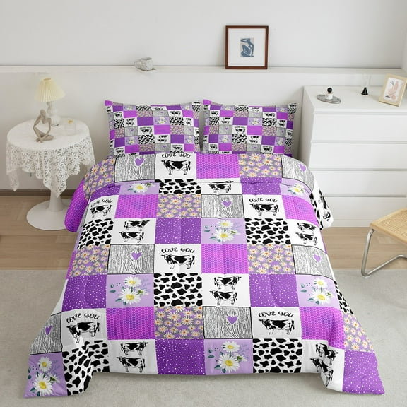 Black White Milk Cow Print Bedding,Rustic Farmhouse Animal Queen Comforter Set Daisy Flower Down Comforter,Light Purple Checked Plaid Patchwork Grid Quilt, Cute Room Decor