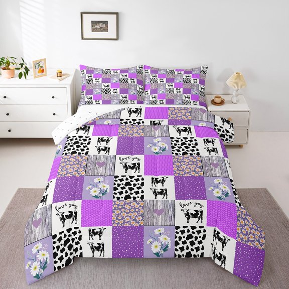 Black White Milk Cow Print Bedding,Rustic Farmhouse Animal Queen Comforter Set Daisy Flower Down Comforter,Light Purple Checked Plaid Patchwork Grid Quilt, Cute Room Decor