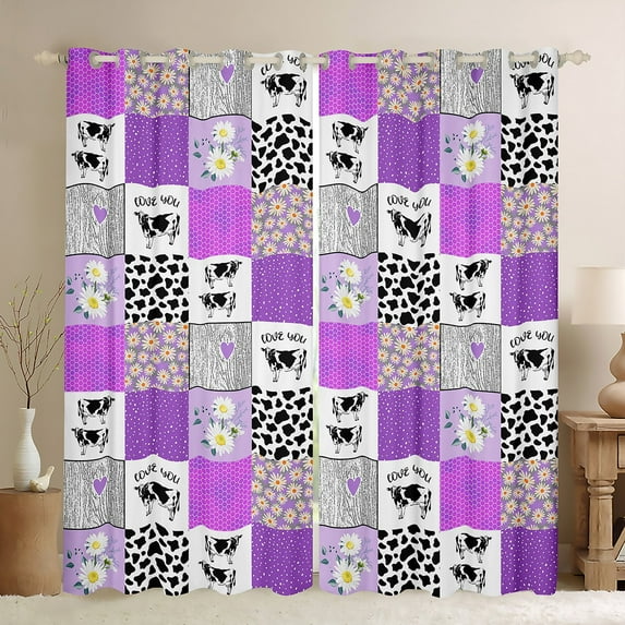 Black White Milk Cow Print Curtains & Drapes,Farm Rustic Animal Skin 30%-50% Blackout Curtains Daisy Floral Window Treatments