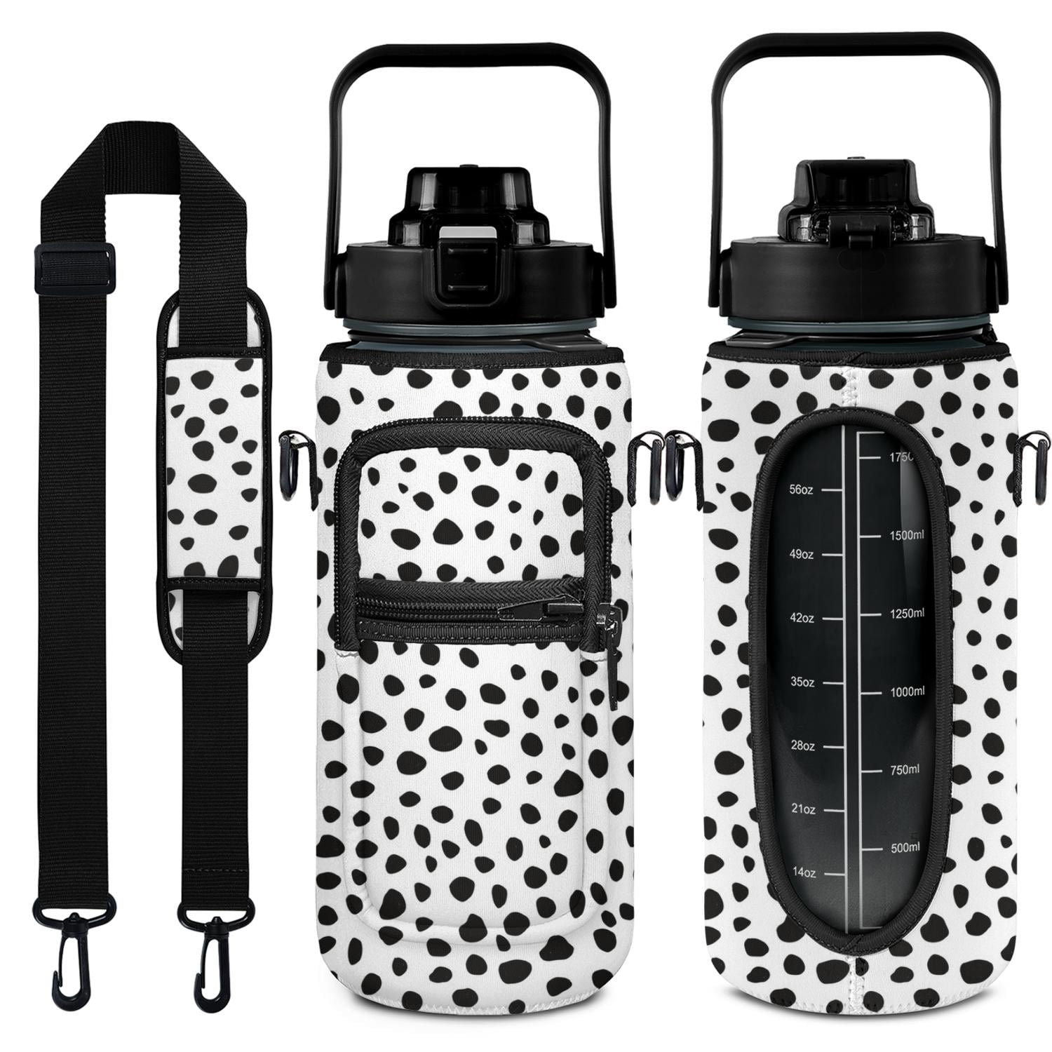 Black White Milk Stripe 64 Oz Half Gallon Water Bottle with Sleeve - BPA Free Leakproof Sport Large Plastic Water Bottle with Straw & Time Marker &Insulated Neoprene Holder Carrier Bag Gift