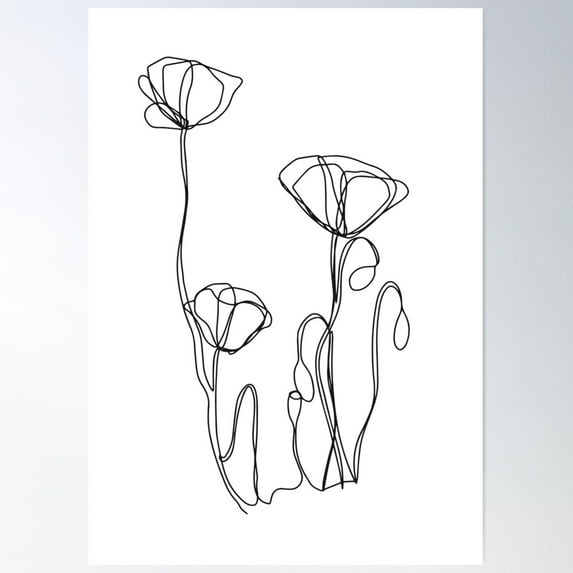 Black & White Minimalist Drawing Poppies Poster Wall Art, Modern Wall Decor For Living Room Bedroom, 24x36 UNFRAMED