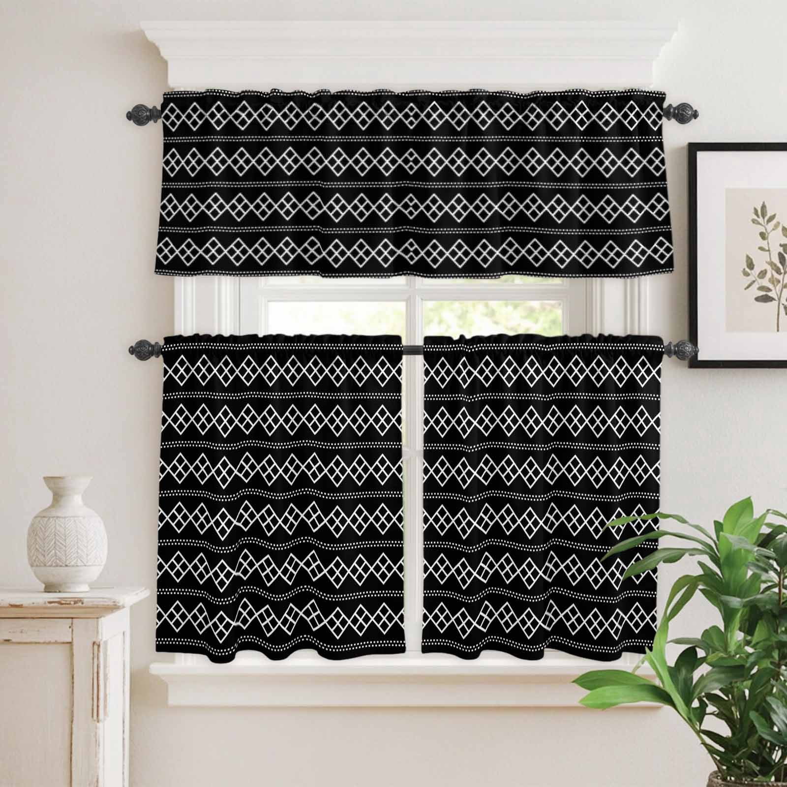 Black White Minimalist Geometric Art Curtain Tier and Valance Set 3 ...