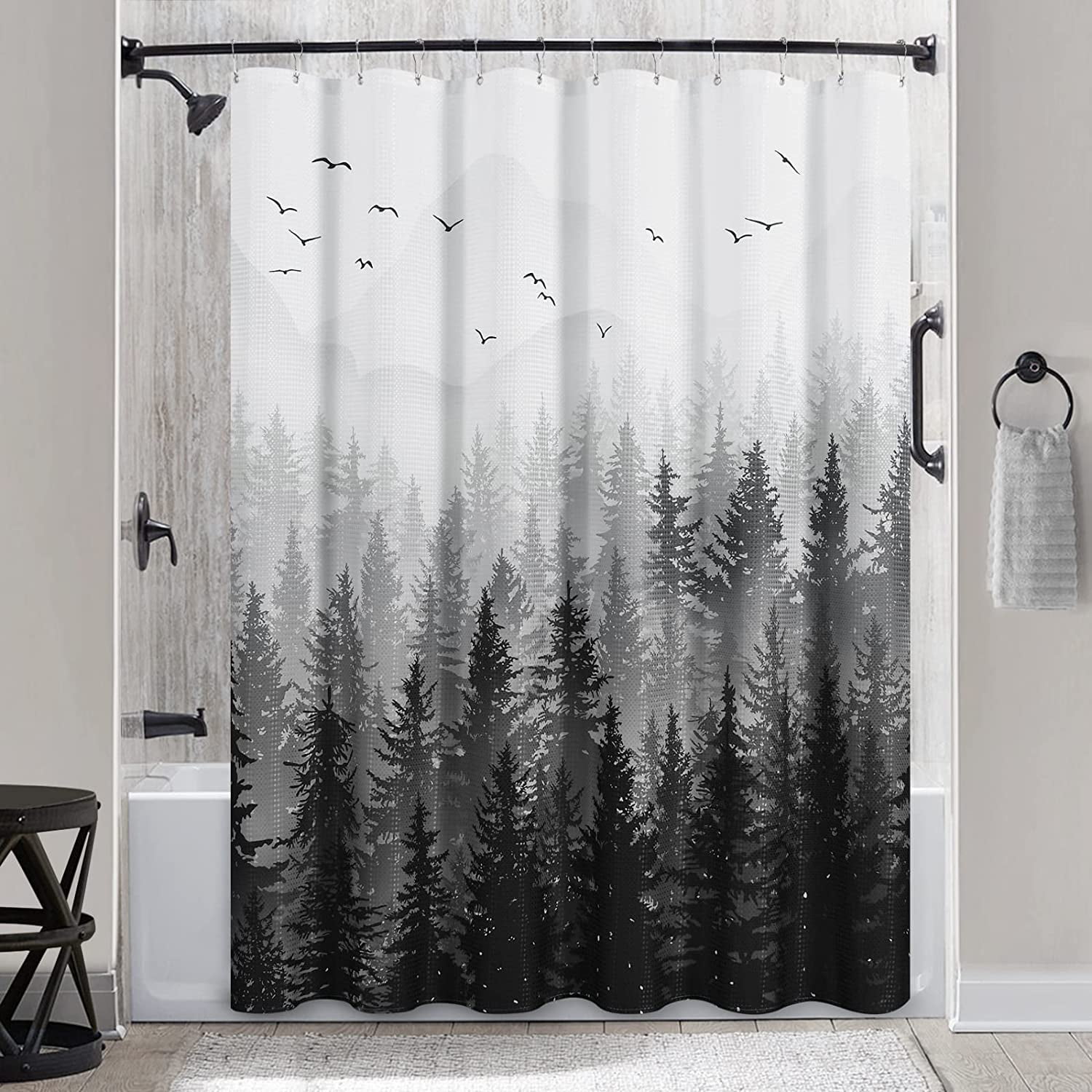 Black and White Misty Forest Shower Curtain Dark Grey Gray Ombre
