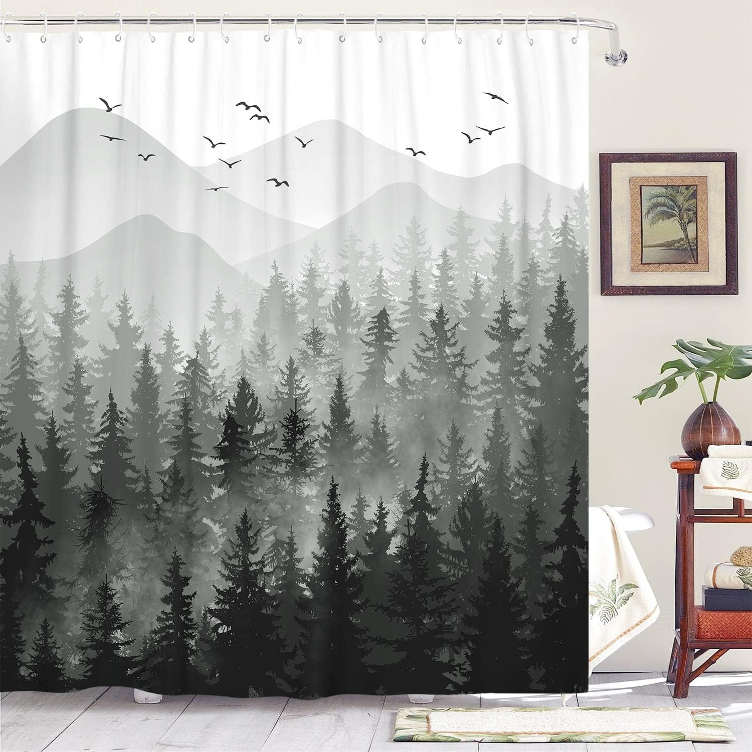 Black and White Misty Forest Shower Curtain Ombre Dark Gray Mountain Pine Tree Waterproof Fabric Shower Curtains for Bathroom Grey Nature Woodland Decorative Bath Curtain Decor 72×72 Inches