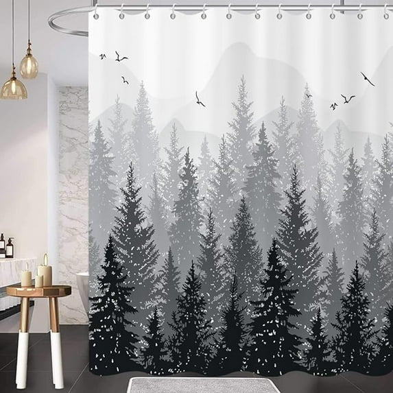 Black And White Misty Forest Shower Curtain, Pine Tree Foggy Forest Mountain Woodland Nature Bathroom Curtain Home Decor Waterproof Fabric Machine Washable With 12 PCS Hooks 60"W x 72"L