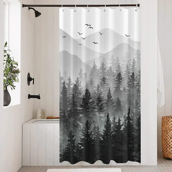 Black and White Misty Forest Shower Curtain Set Grey Gray Ombre Waterproof Fabric Shower Curtains Nature Tree Mountain Decorative Bathroom Bath Curtain Without Hook (Black, 36'''' × 72'''')