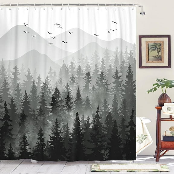 Black and White Misty Forest Shower Curtain Set Grey Gray Ombre Waterproof Fabric Shower Curtains Nature Tree Mountain Woodland Decorative Bathroom Bath Curtain Decor (72'''' × 72'''', Black)