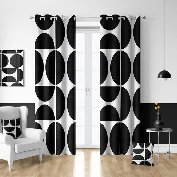 Black White Modern Geometric Blackout Curtains, Boho Mid Century Abstract Retro Curtains for Bedroom, Unique Semi Circle Pattern Decor Insulated Shading Room Window Drapes 2 Panels Set, 52Wx84L