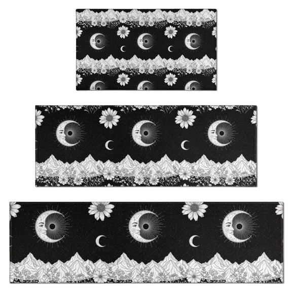 Black White Moon Flower Mountain Pattern Kitchen Rugs Sets Of 3,Kitchen Runner Rugs Non Skid Washable,Decorative Kitchen Floor Mats for Kitchen,Sink,Laundry,17"x30"+ 17"x47" + 17"x59"