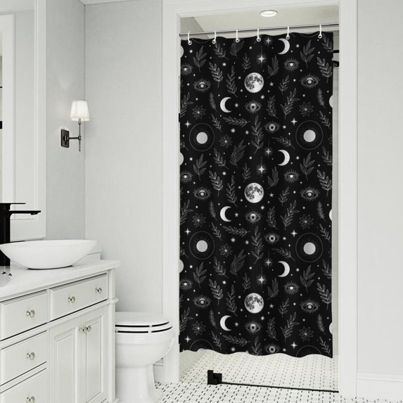 Black White Moon Leaf Eye Star Pattern Shower Curtain 36"x72" ,Bathroom Decorative Shower Curtains Set with 12 Hooks,Modern Waterproof Washable Shower Curtain