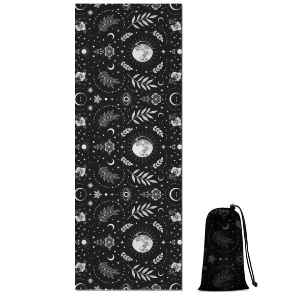 Black White Moon Leaf Flower Eye Pattern Hot Yoga Mat Towel Non Slip for Hot Yoga - Quick-Drying Yoga Mat Cover with 4 Corner Pockets with Travel Bag - Hot Yoga Towel Non Slip 70"x26"