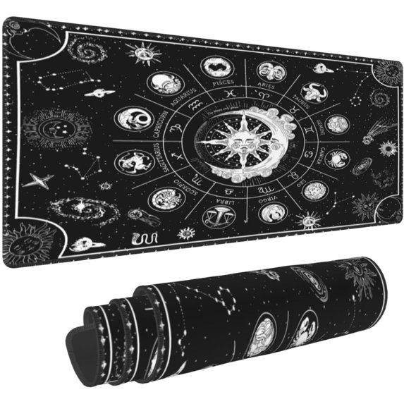 Black and White Moon Phase Constellation Sun Gaming Keyboard Mouse Pad Mousepad Huge Extended XL Stitched Edge Rubber Sole for Home Office(31.5"X 11.8")