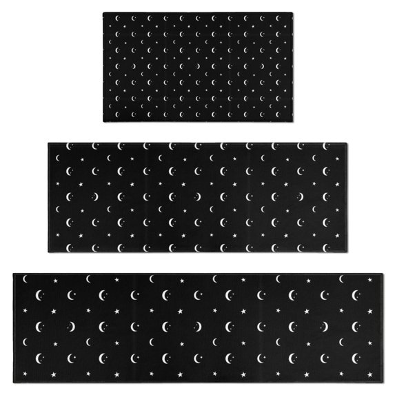 Black White Moon Star Pattern Kitchen Rugs Sets Of 3,Kitchen Runner Rugs Non Skid Washable,Decorative Kitchen Floor Mats for Kitchen,Sink,Laundry,17"x30"+ 17"x47" + 17"x59"