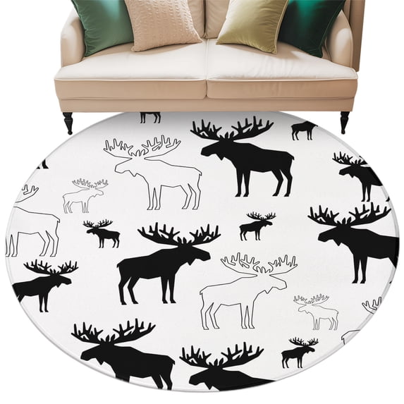 Black White Moose Round Rug 5ft Washable Circle Kitchen Rugs Non Slip ...