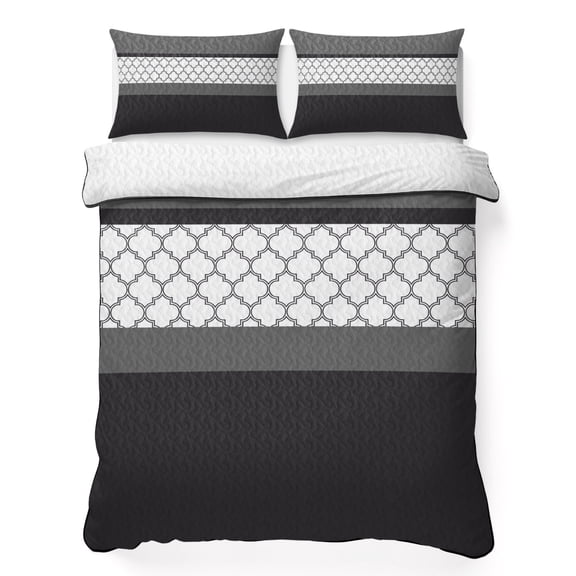 Black White Moroccan Trellis 3 Pieces Quilt Set,1 Quilt with 2 Shams,Modern Stitching Bedspread Soft Lightweight Bedding Coverlet Comforter Set for All Season 90"x96"