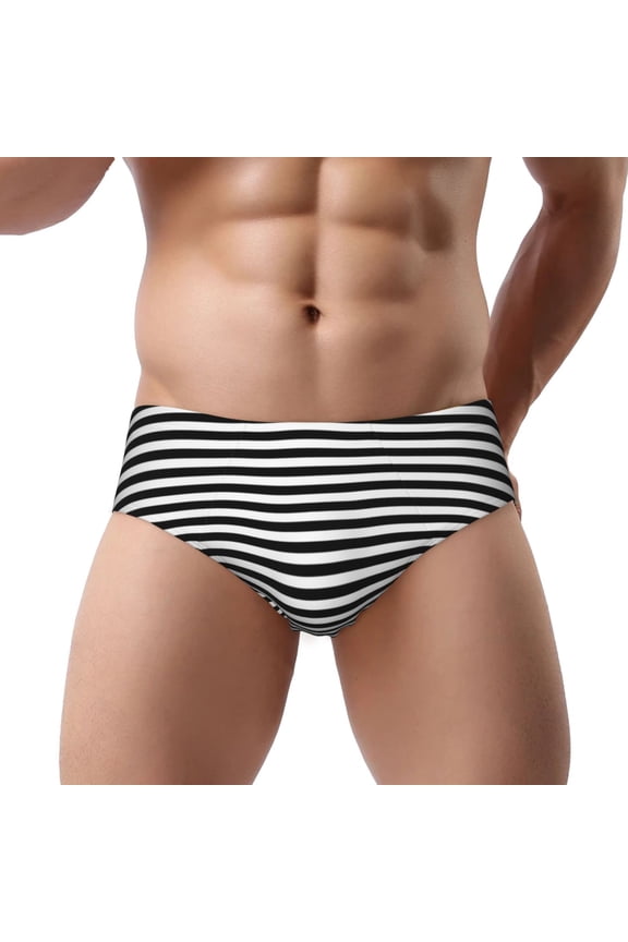 Black White Mosaic Vertical Stripes Low Rise Mens Briefs Underwear With Supportive Contour Pouch