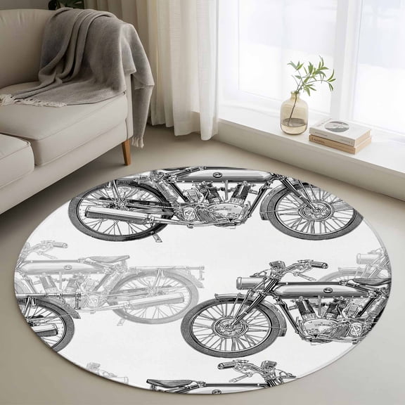 Black White Motorcycles 3ft Area Rug, Modern Hand-Painted Vehicles Washable Non-Slip Small Round Rugs for Entryway Bedroom Kitchen, Soft Circle Carpet for Dining Room, Playroom Nursery Rug