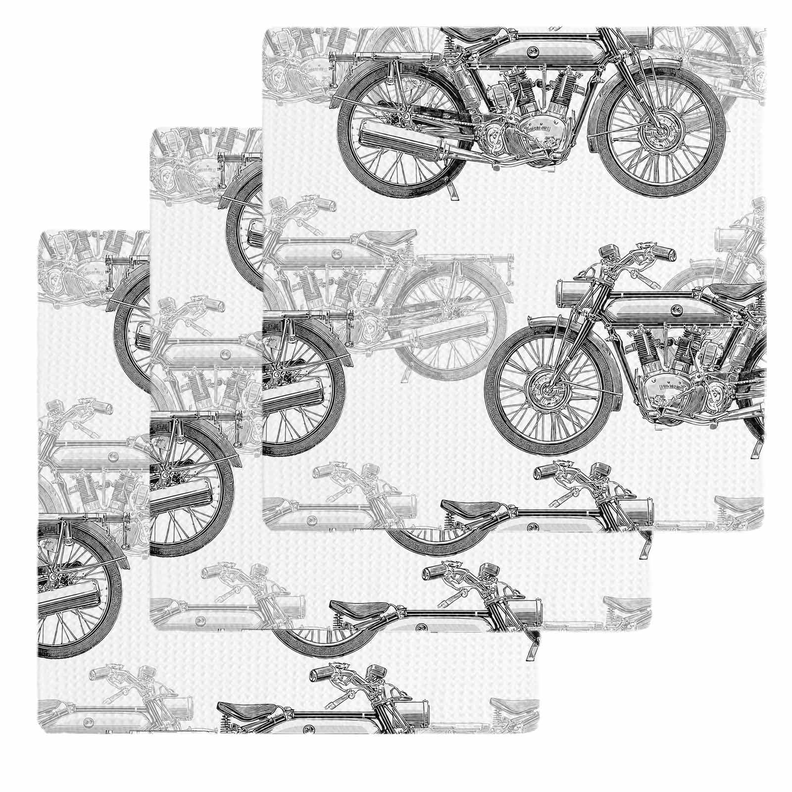 Black White Motorcycles Kitchen Dish Towels for Drying Dishes Set of 3, Modern Hand-Painted Vehicles Waffle Weave Microfiber Hand Tea Bathroom Towels Quick Dry & Absorbent Towel 12x12