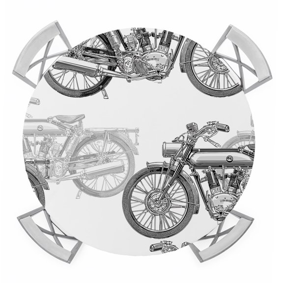 Black White Motorcycles Round Tablecloth for 36-44 Inch Tables,Fitted Table Cover with Elastic Edge,Modern Hand-Painted Vehicles Waterproof Outdoor Table Cloth Protector for Patio Garden Dinner