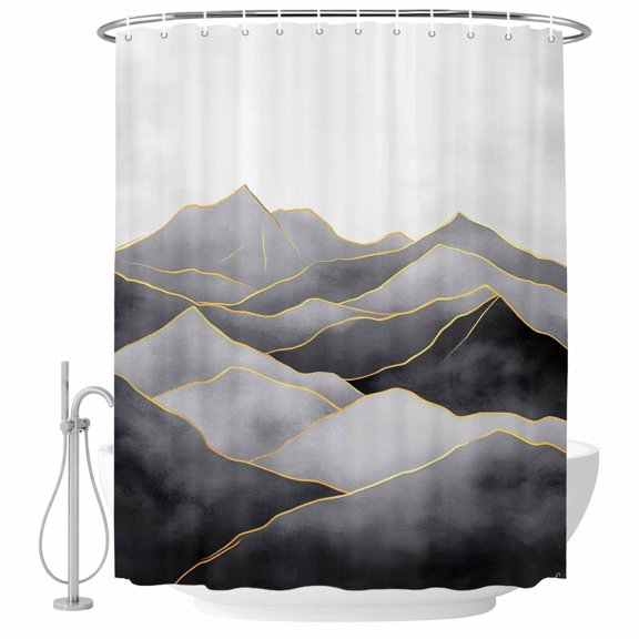Black White Mountain Fabric Shower Curtain Abstract Art Washable Shower Curtains for Bathroom, Waterproof Bath Curtain with Hooks Home Decor 36x72in