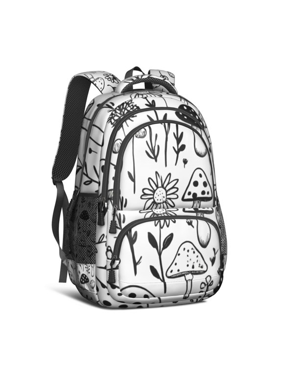 Black and White Mushroom Backpack for School,Cute School Bag,Schoolbag with Adjustable Shoulder Straps & Padded Back,16.9 Inch