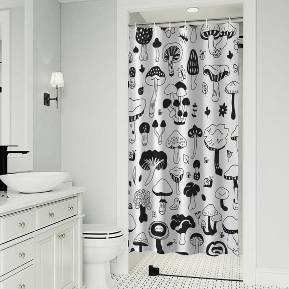 Black White Mushroom Sketch White Pattern Shower Curtain 36"x72" ,Bathroom Decorative Shower Curtains Set with 12 Hooks,Modern Waterproof Washable Shower Curtain